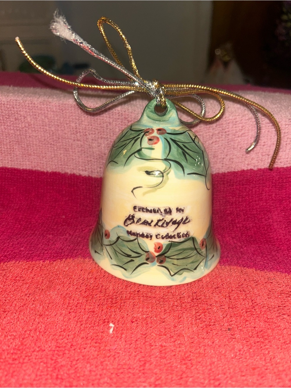 Hand-Painted Holiday Bell Ornament in Cream, Green and Red with Gold/Silver Bow - Picture 2 of 3